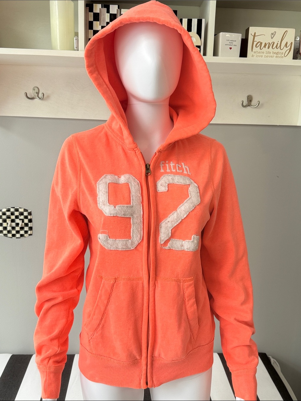Abercrombie & Fitch Neon Orange Distressed Zip-Up Hoodie “92 Fitch”Appliqué-XL